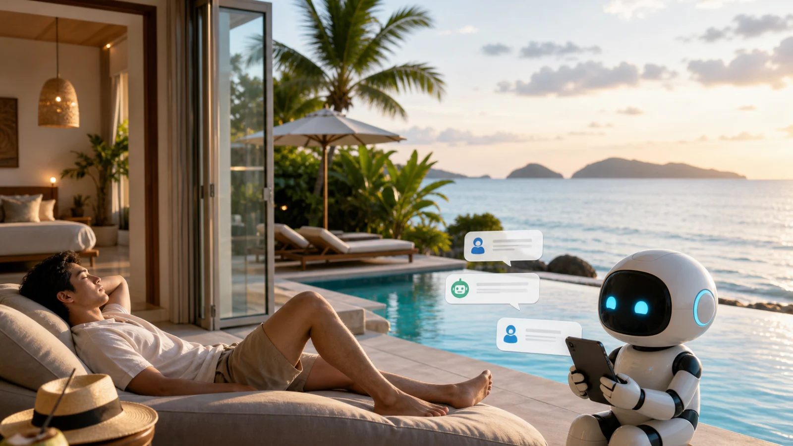 A happy female accommodation owner managing a booking system on a tablet.