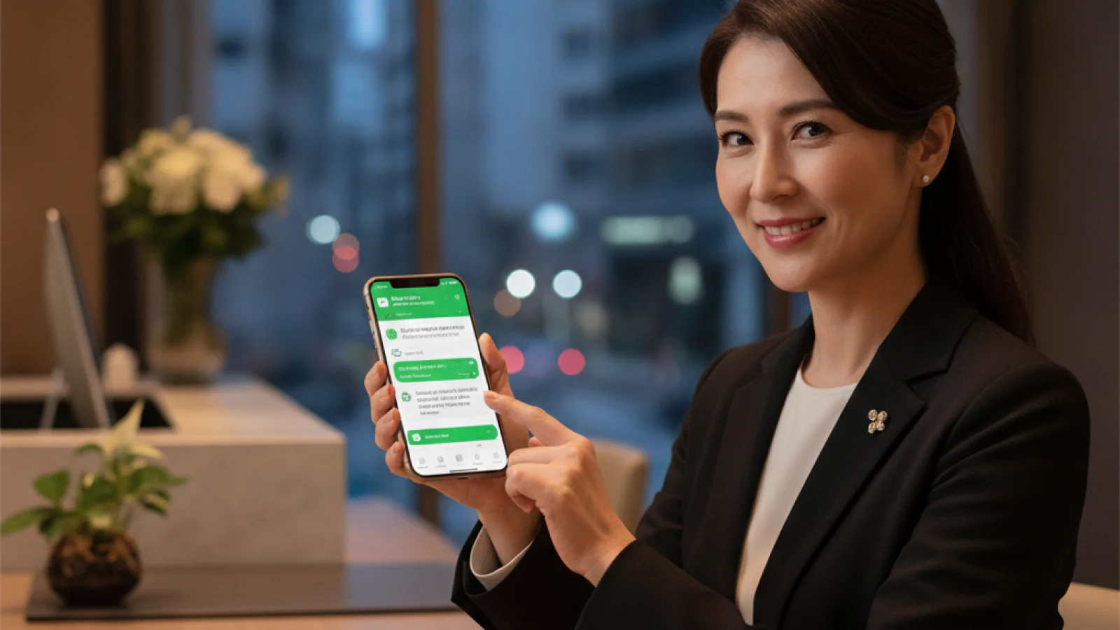 An illustration of a hotel owner using LINE Official Account on a smartphone to manage bookings and respond to customers