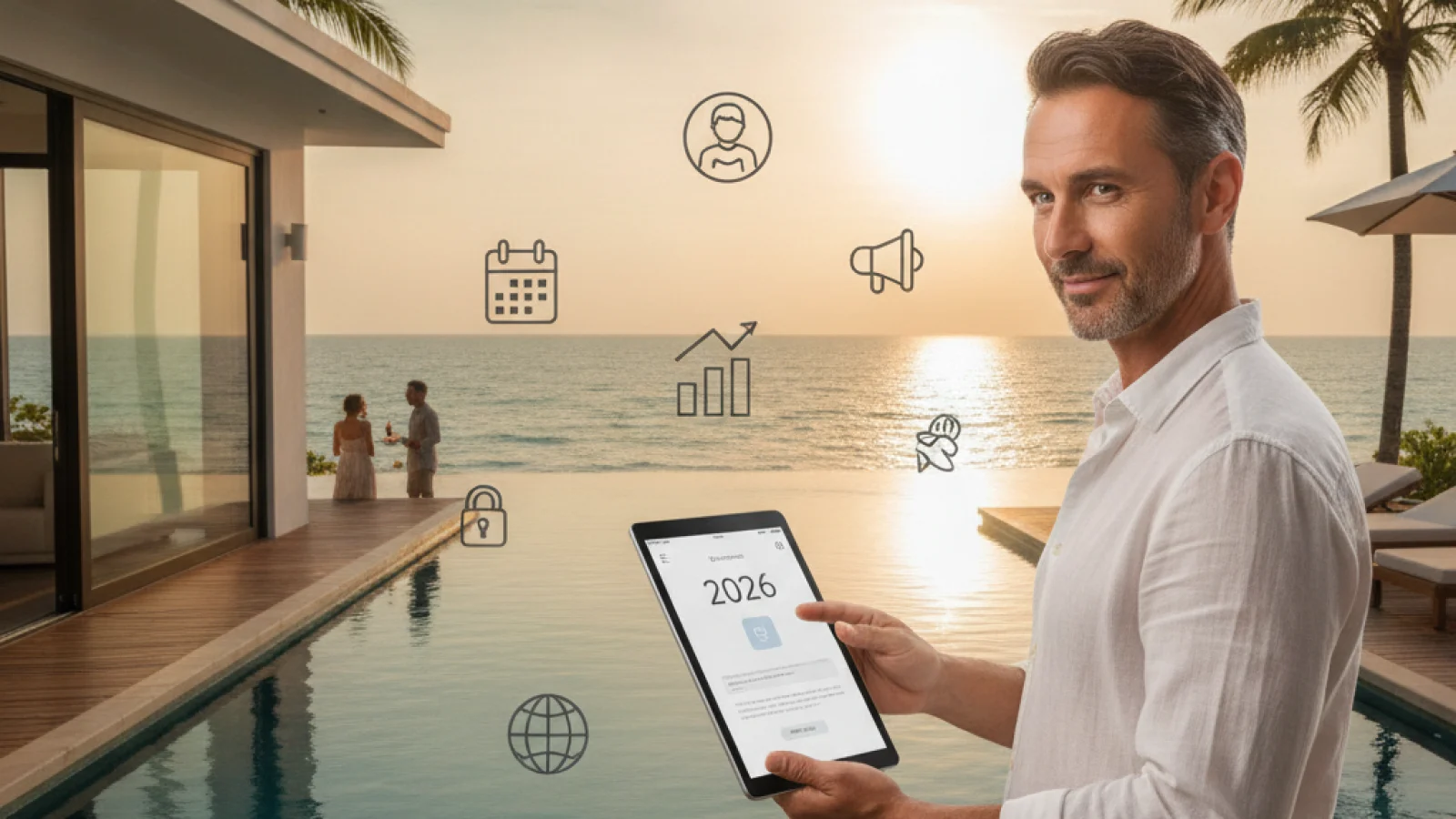 Graphic showing a smartphone displaying a pool villa booking website, with a tablet showing a room management screen.
